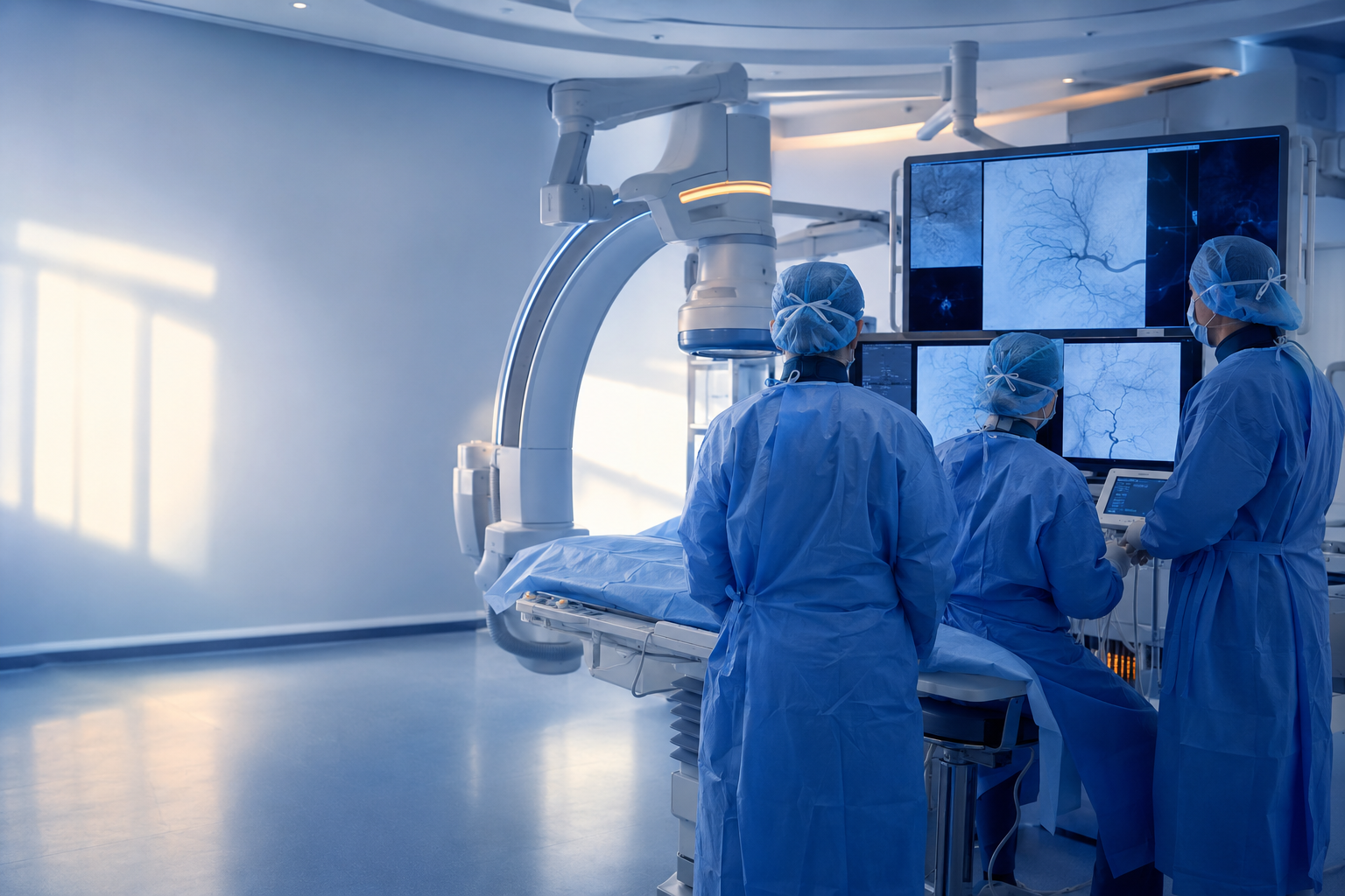 Calm modern procedure suite with a sleek imaging C-arm and a masked care team, soft blue light