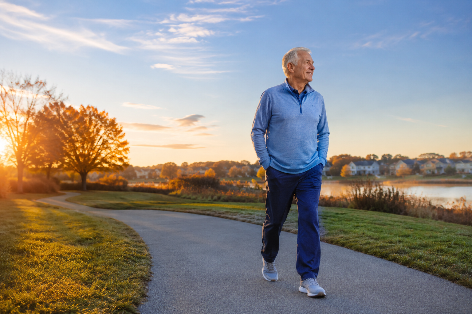 Active older adult walking comfortably and pain-free along a sunlit suburban park path at golden hour