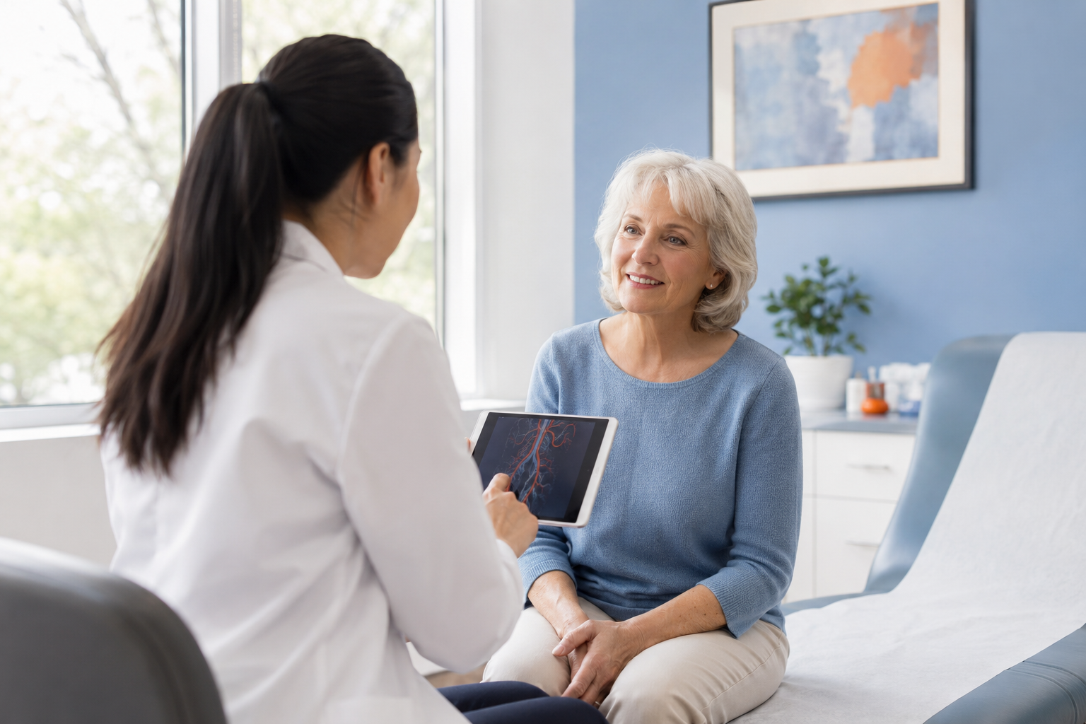 Vascular physician reviewing a tablet with a vascular scan beside a reassured older patient in a bright, calm exam room