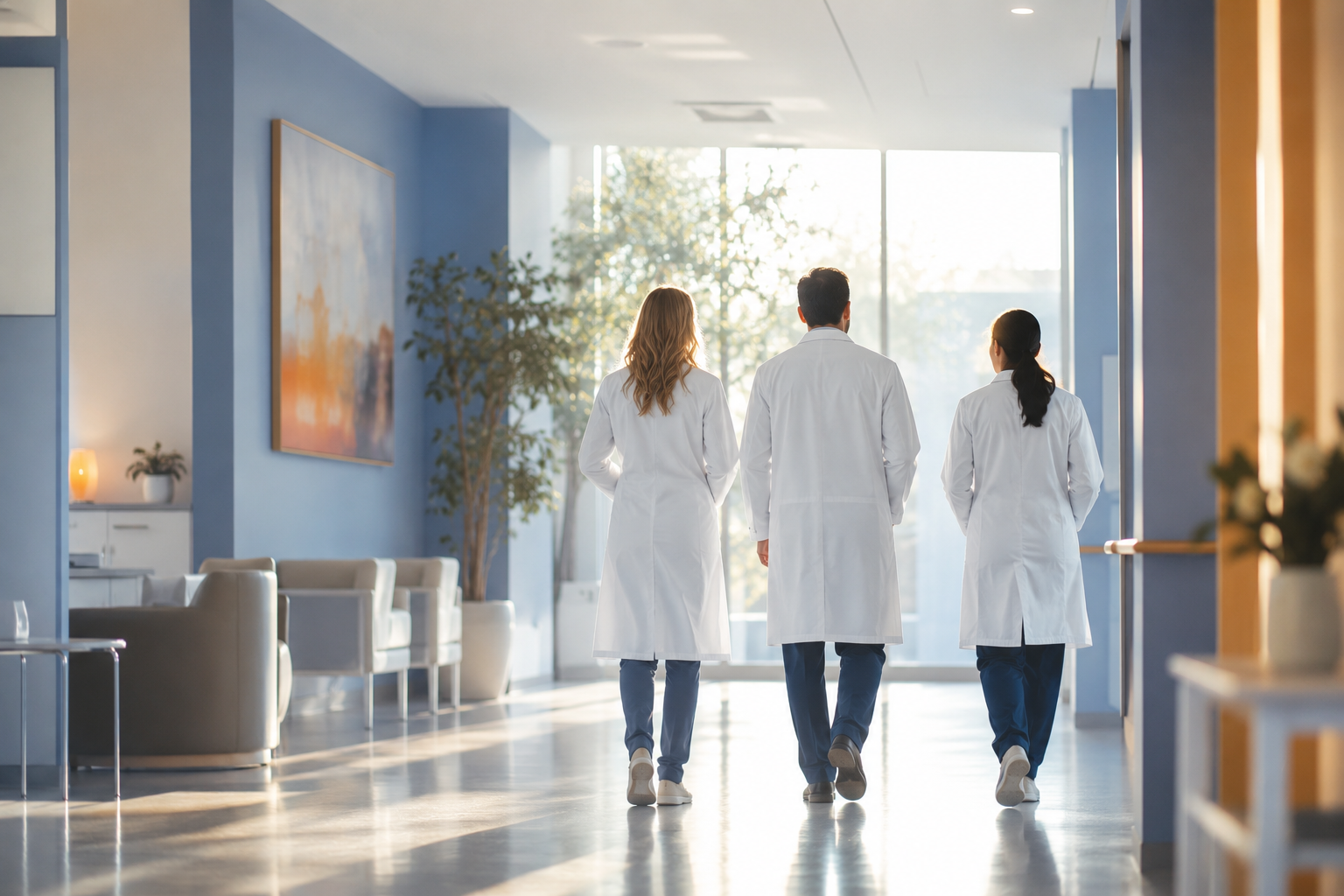 Three clinicians in white coats walking together down a bright clinic corridor toward a sunlit window, seen from behind