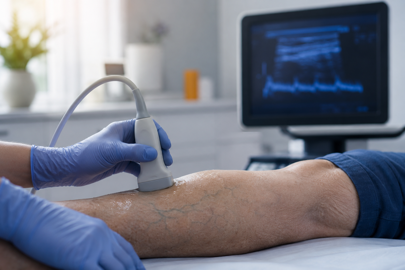 Gloved hands guiding an ultrasound probe along a patient's lower leg with a glowing duplex ultrasound monitor nearby
