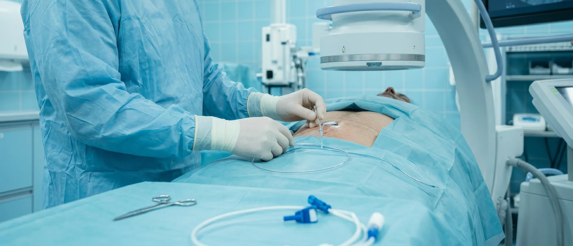 Surgeon placing a peritoneal dialysis catheter through the abdominal wall under a fluoroscopy C-arm in an outpatient suite