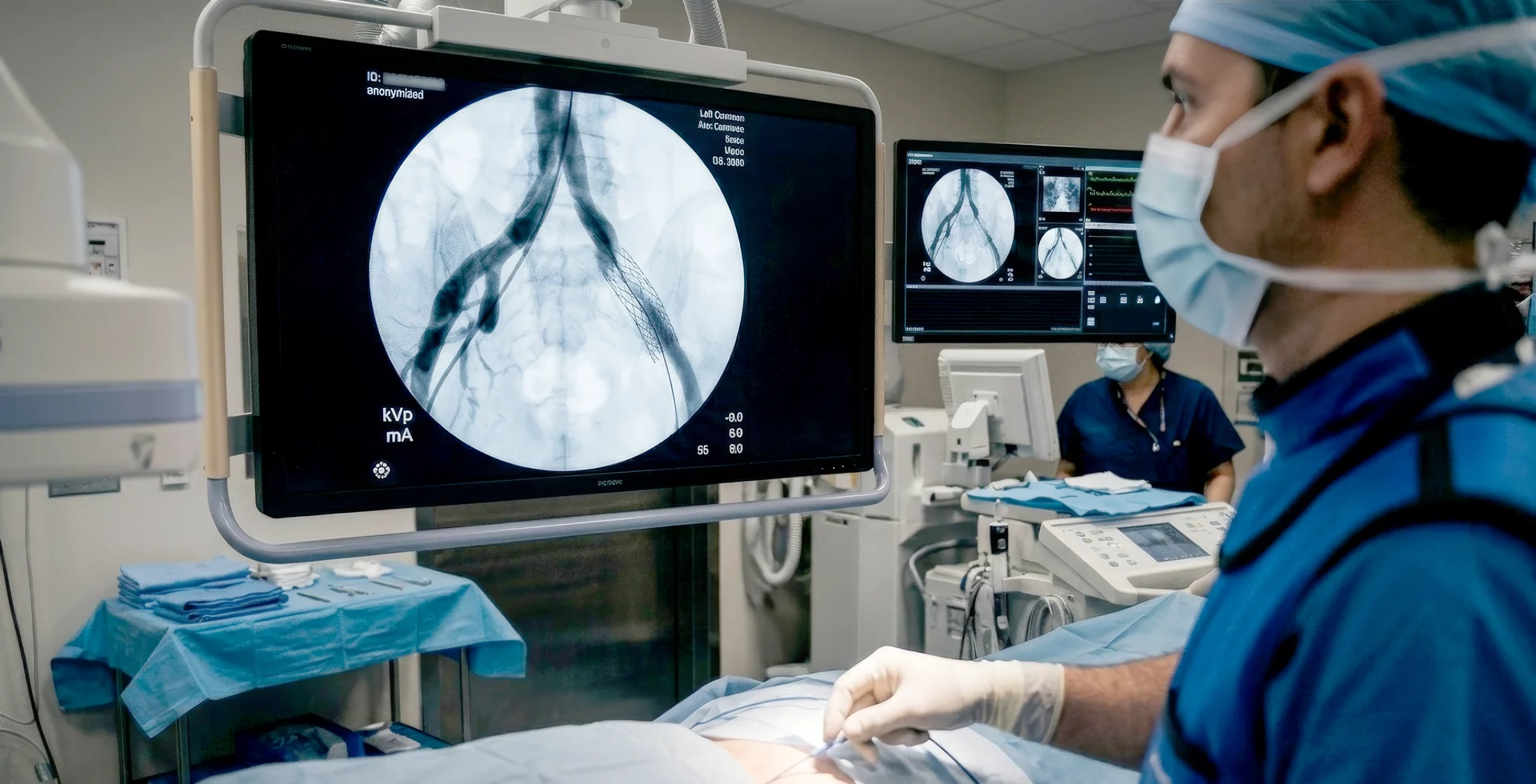 Interventional suite monitor showing a pelvic venogram with a deployed venous stent in the left common iliac vein during the procedure
