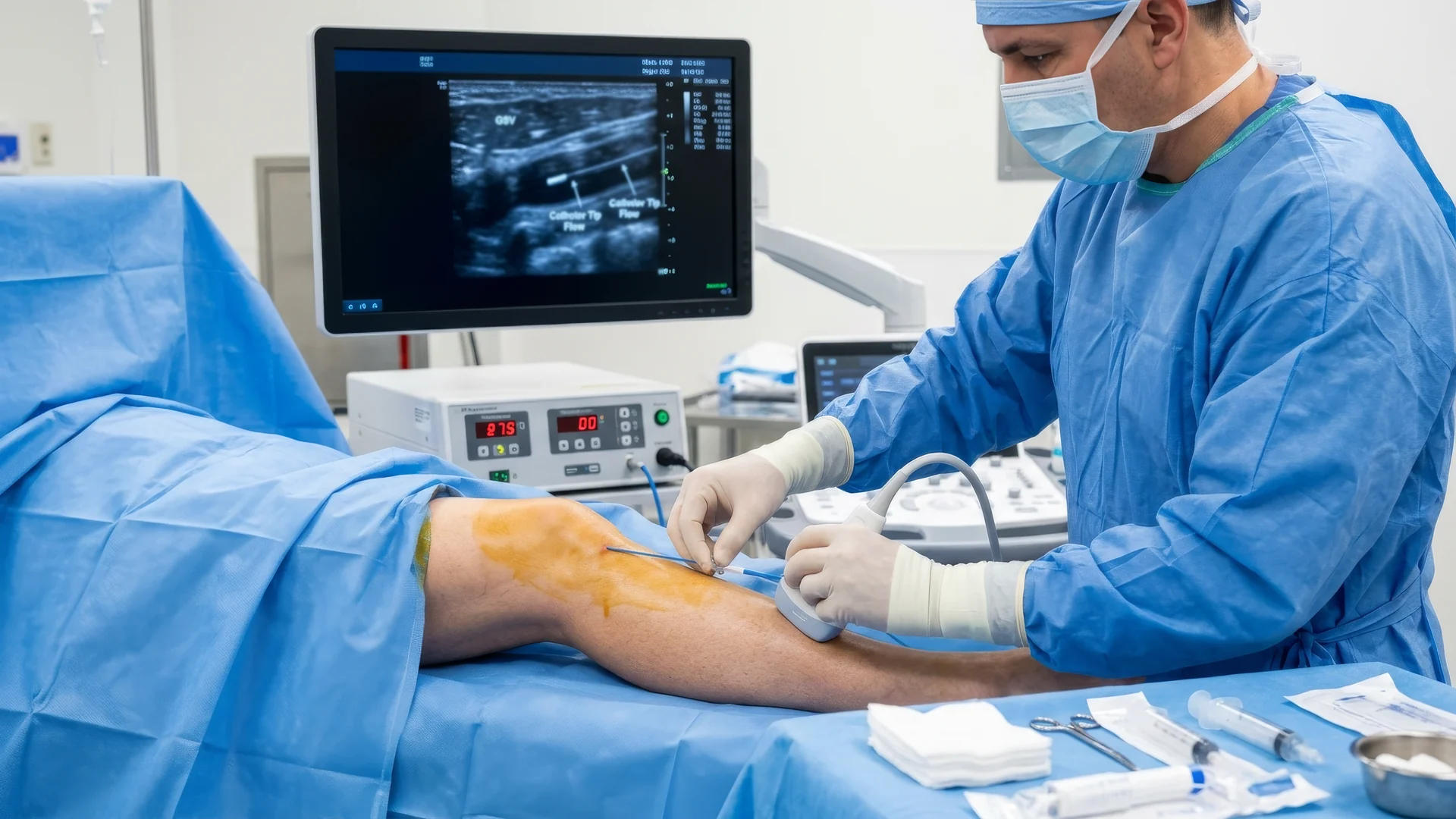 Physician performing ultrasound-guided endovenous ablation on a patient's leg, with the great saphenous vein and catheter tip on the ultrasound monitor